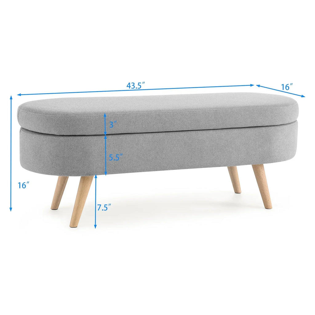 2026 New43.5" Oval Storage Ottoman Bench with Solid Wood Legs, Linen Fabric Upholstered Entryway Bench with Safety Hinge, Indoor Bench for End of Bed, Sofa Side, Entryway