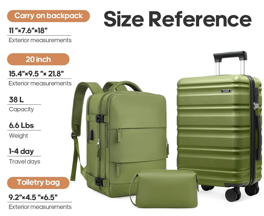 2026 NewMIUSSE Luggage Sets 3 Piece, 20 Inch Carry On Luggage with Wheels, 100% PC Hardshell Suitcase with TSA Lock, Carry On Suitcases Airline Approved With Travel Backpack for Men Women