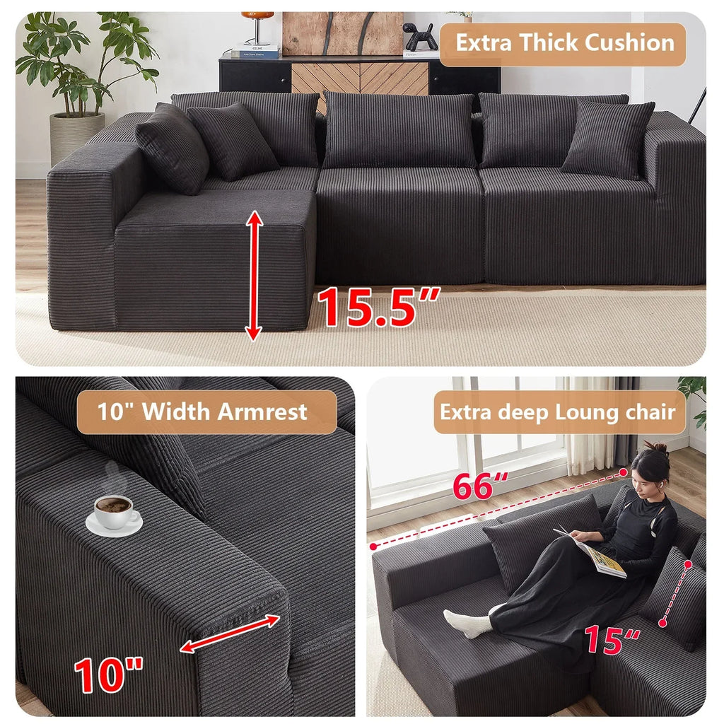 2026 New104-Inch Corduroy Modular L Shaped Sectional Sofa,Luxury Floor Couch Set,Upholstered Indoor Furniture,Foam-Filled Compressed Sofa for Living Room,Bedroom,4 PC Free Combination