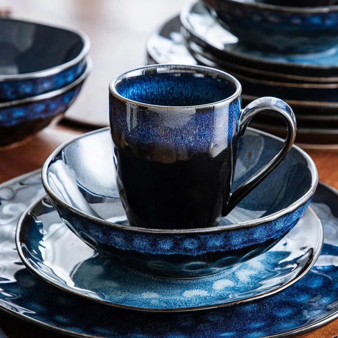 2026 NewVancasso,16-Piece Stoneware Dinnerware Set, Blue Dinner Set, Service for 4