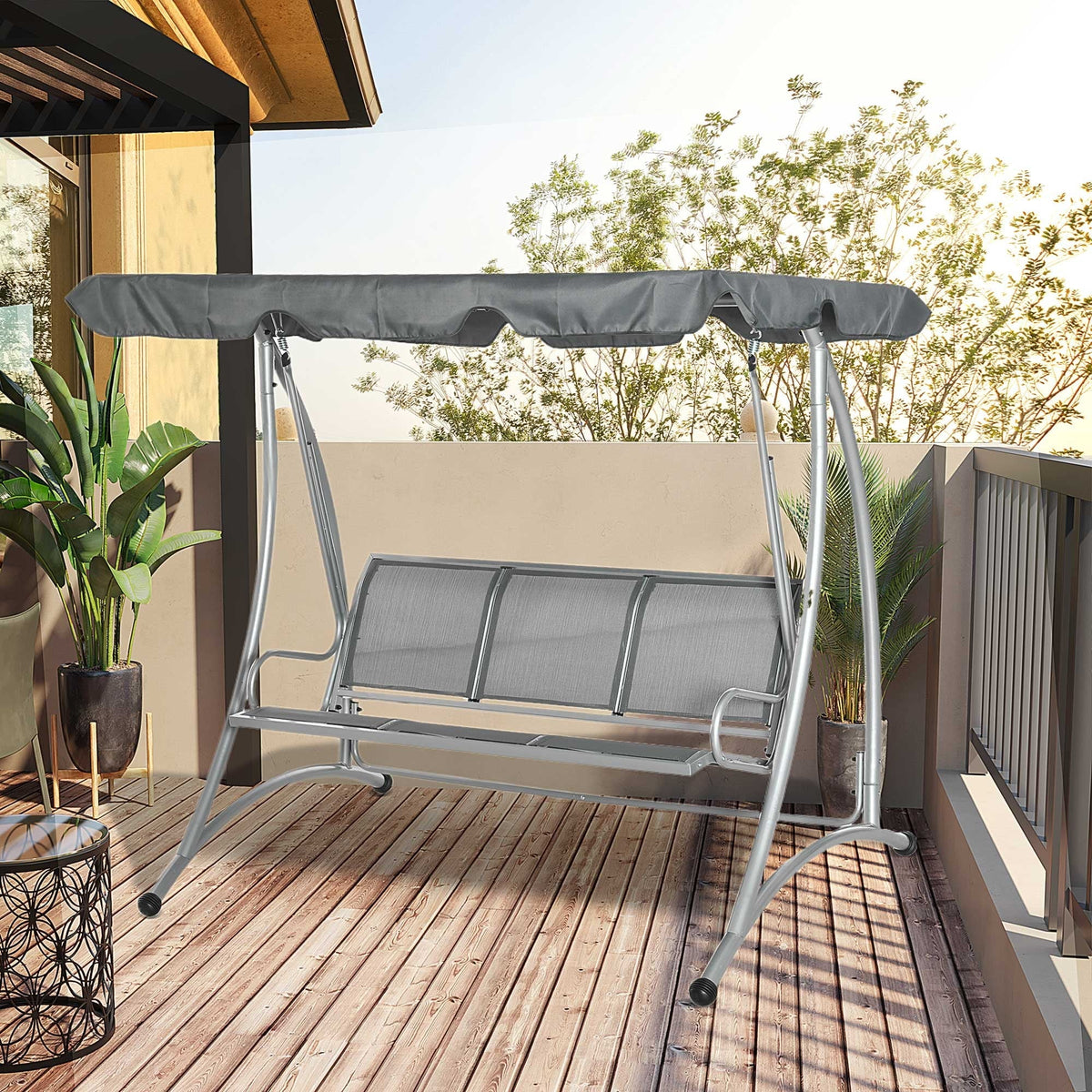 2026 NewOutsunny 3 Person Patio Swing Seats, Porch Swing with Stand & Adjustable Canopy, Heavy Duty Outdoor Swing Chair Bench for Adults, Black
