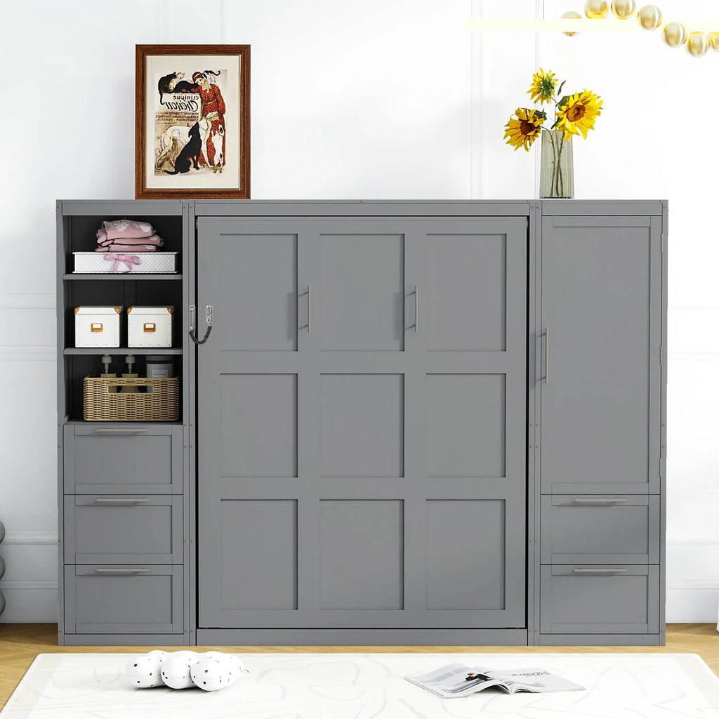 2026 NewNewest Queen Size Murphy Bed Wall Bed with Closet,Drawers, Shelves,Gray
