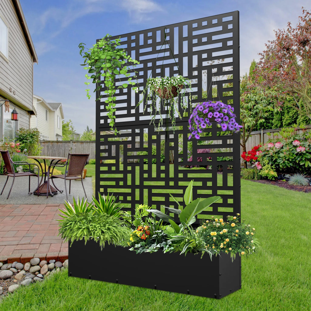2026 Macetero metálico FOOWIN de 180 cm de alto con enrejado, jardinera elevada para exteriores para plantas trepadoras, jardinera con enrejado y orificio de drenaje, color negro.