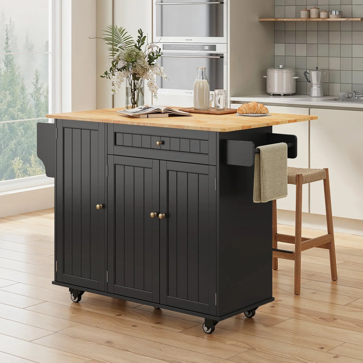 2026 NewNoelse Kitchen Island with Storage, Island Table for Kitchen with Drop Leaf, Spice Rack, Towel Bar for Small Kitchens, White