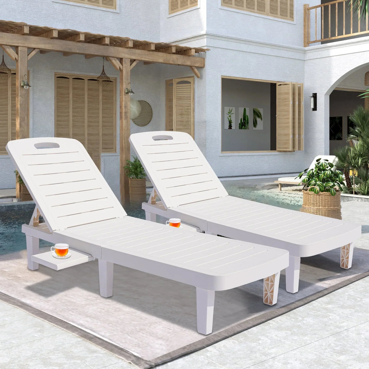 2026 NewPatio Lounge Chair Set of 2, Adjustable Chaise with Side Table, Outdoor Lounger Recliner for Poolside, Patio, Backyard, Wood Texture Design | Waterproof | Easy to Assemble | Max Weight 330 lbs White