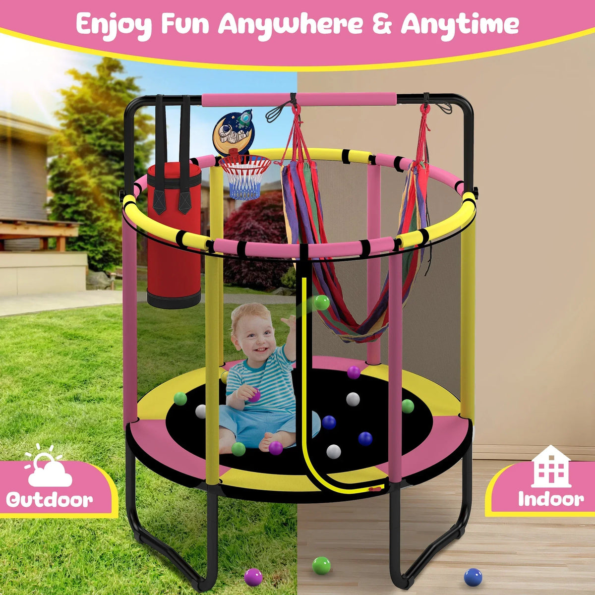 2026 NewMini Round Trampoline for Kids with Basketball Hoop, SEGMART 55'' Indoor Outdoor Toddler Trampoline with Enclosure Net, Swing, Sandbag, Ring, Ocean Balls, Small Trampoline Gift for Boys Girls, Blue