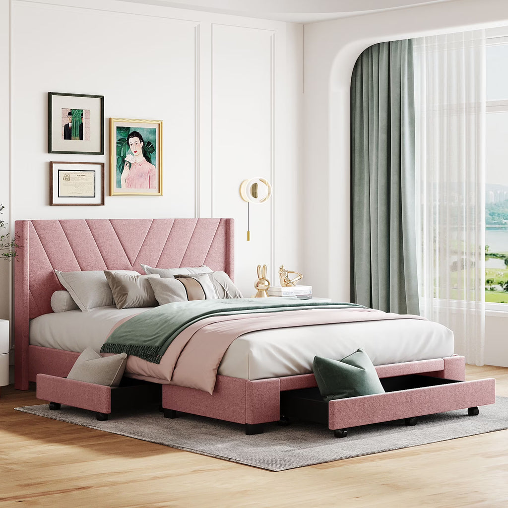2026 NewSesslife Queen Bed Frame with Storage, New Upgraded Linen Upholstered Platform Bed with 3 Drawers, Queen Size Storage Bed with Headboard and Wooden Slats, No Box Spring Needed, Holds 500lbs, Beige