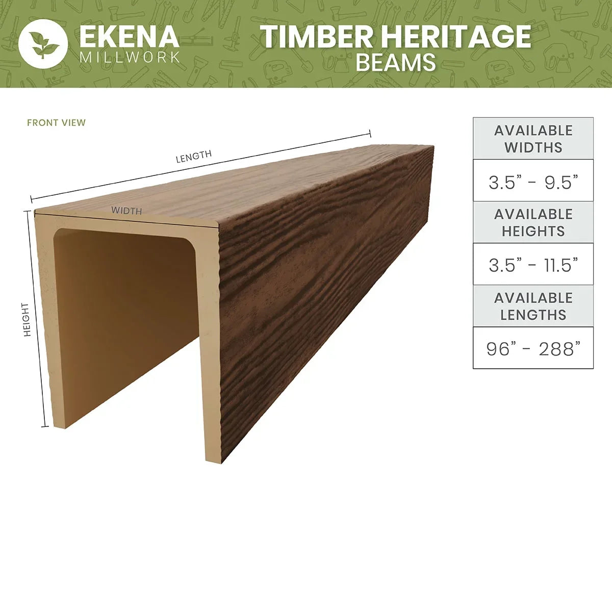 2026 NewEkena Millwork 3 1/2"W x 3 1/2"H x 120"L 3-Sided (U-Beam) Salvaged Timber HeritageTimber Faux Wood Ceiling Beam, Kona Brown