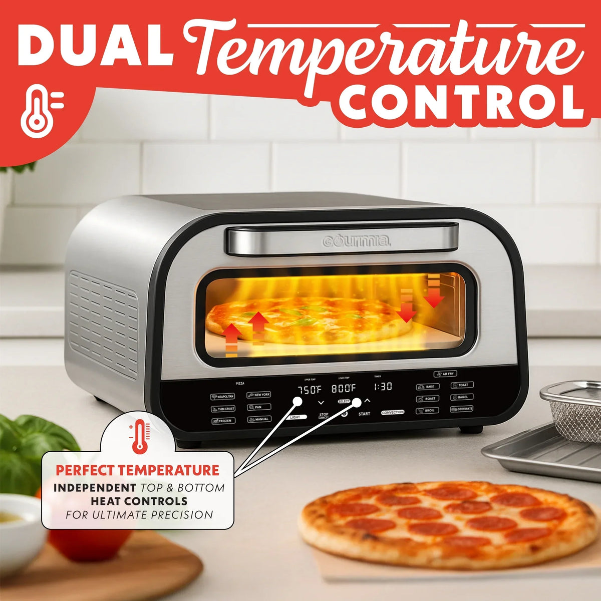2026 NewGourmia Indoor Pizza Oven - All-in-One with 7 Cooking Functions, 6 Pizza Presets, Stainless Steel