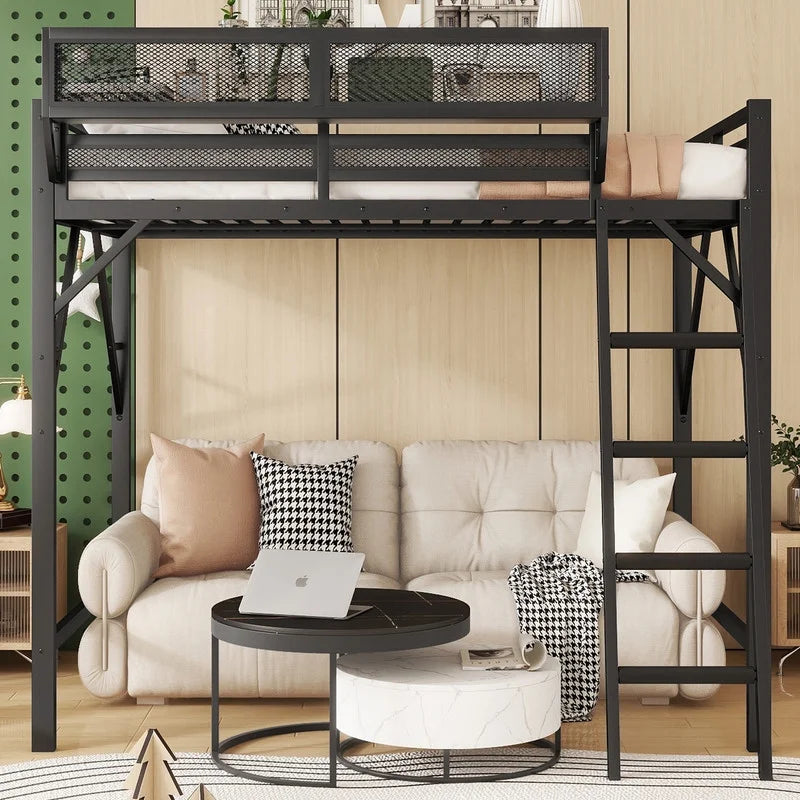 2026 NewDuxelifin Queen Size Metal Loft Bed Frame, Heavy Duty Steel High Loft Bed with Storage Shelves & Ladder, Space-Saving Loft Bed for Apartments, Adults, Teens & Juniors (Black)
