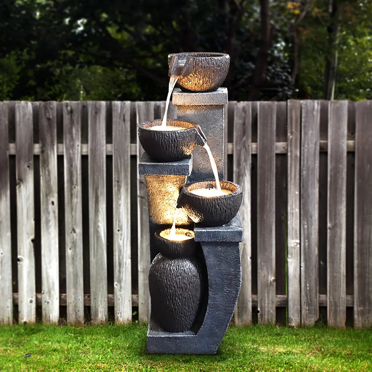 2026 New37.4" H Outdoor Water Fountain with 4 Crocks, Modern LED Lighted Garden Floor Fountain for Patios and Yards �C Durable Resin Water Feature with Cascading Waterfall Design for Indoor/Outdoor D"cor