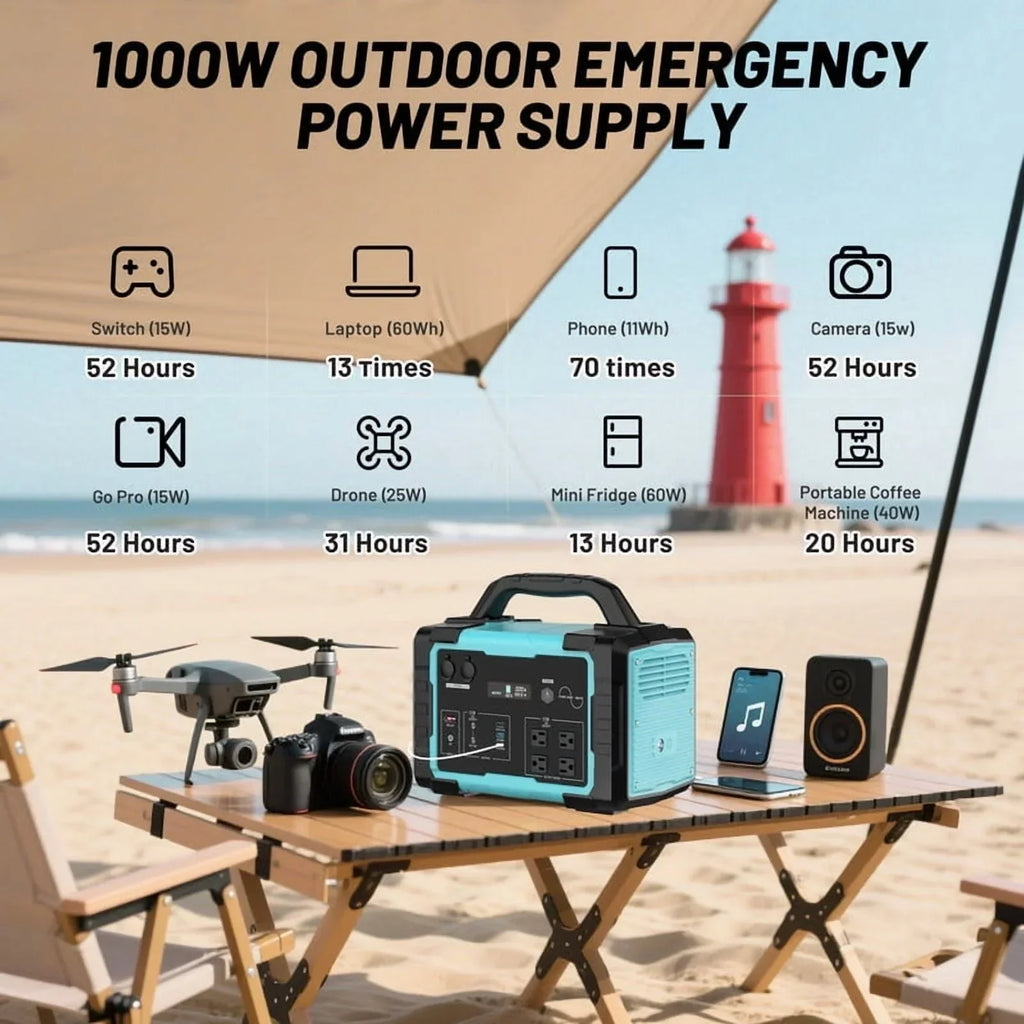 2026 New1000W Portable Solar Generator, 1024Wh LiFePO4 Battery Power Station with 100W Solar Panel, USB-C Power Bank for for Camping, Outdoor Travel, RV, and Home Emergency-Blue