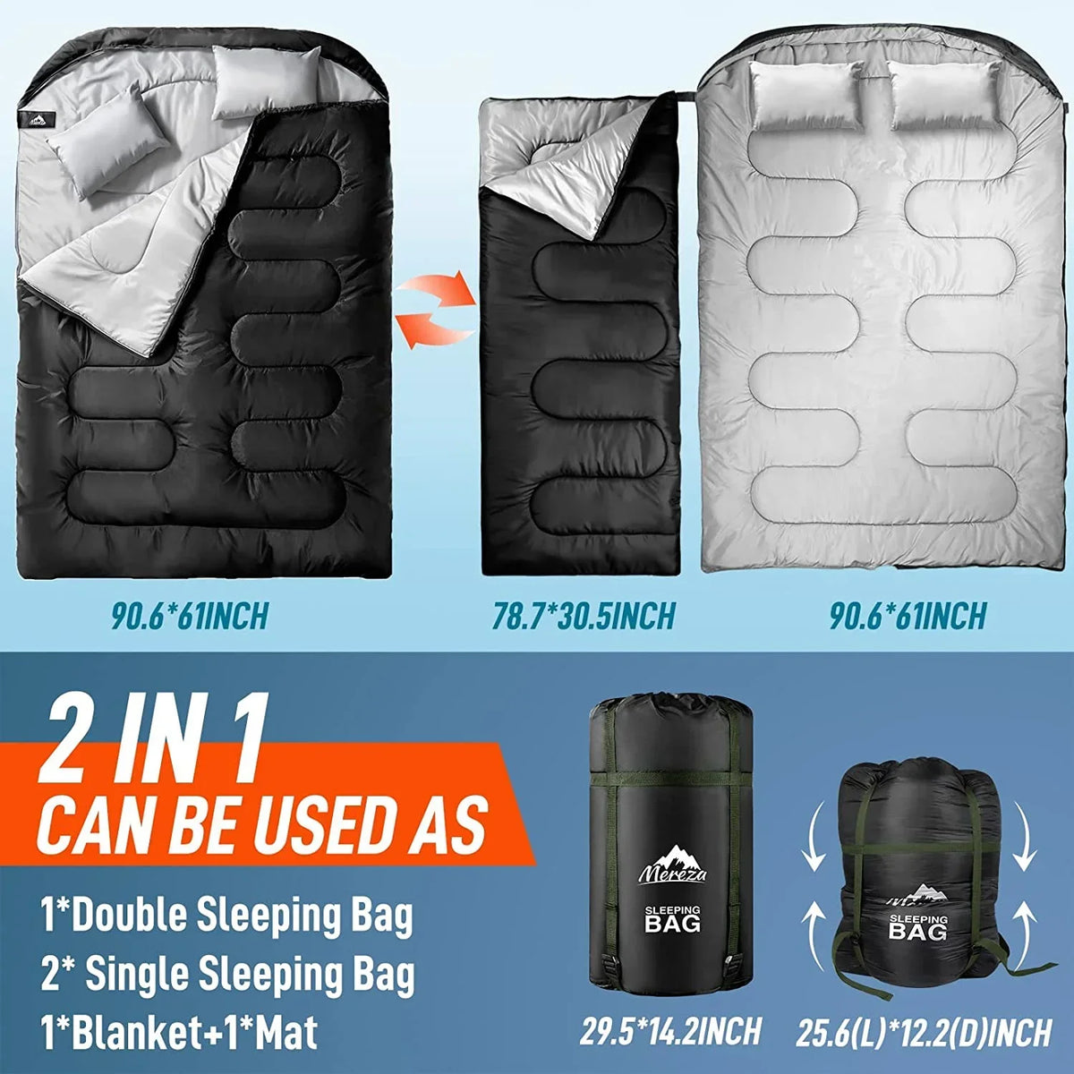 2026 NewDouble Sleeping Bag for Adults Mens with Pillow, XL Queen Size Two Person Sleeping Bag for All Season Camping Hiking Backpacking 2 Person Sleeping Bags for Cold Weather & Warm