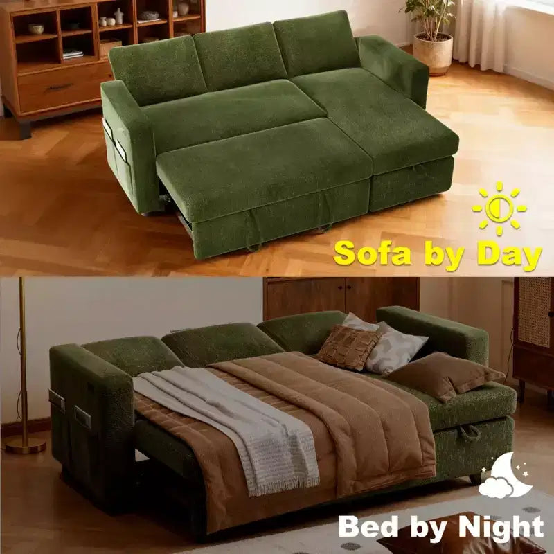 2026 Sofá cama extraíble 2 en 1 con chaise longue de almacenamiento, chenilla y puertos USB