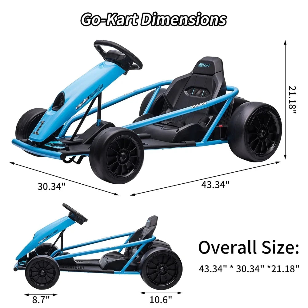 2026 NewSimzone Go Kart for Kids 24V Battery 300WX2 Motors Pedal On Foot Go Cart 8MPH High Speed Drifting Car with Slow Start Function Music Elastic Durable Tires, Blue