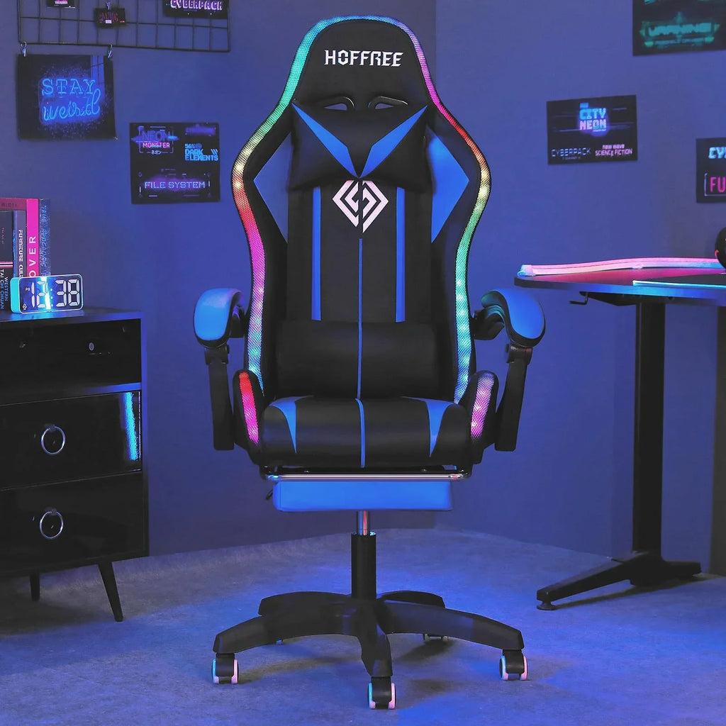 2026 NewRGB Gaming Chair with Speakers Massage Computer Gaming Chair with LED Lights and Footrest High Back Video Game Chair for Adults Blue and Black