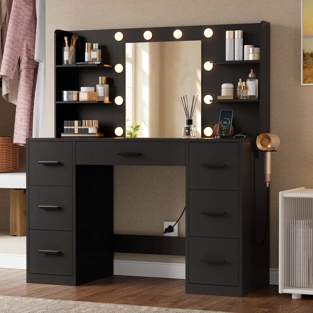 2026 NewLacoo Vanity Desk with Mirror and LED Lights, Makeup Vanity with 7 Drawers & 4 Shelves, Vanity Table with Power Outlet for Bedroom Dressing Room, White
