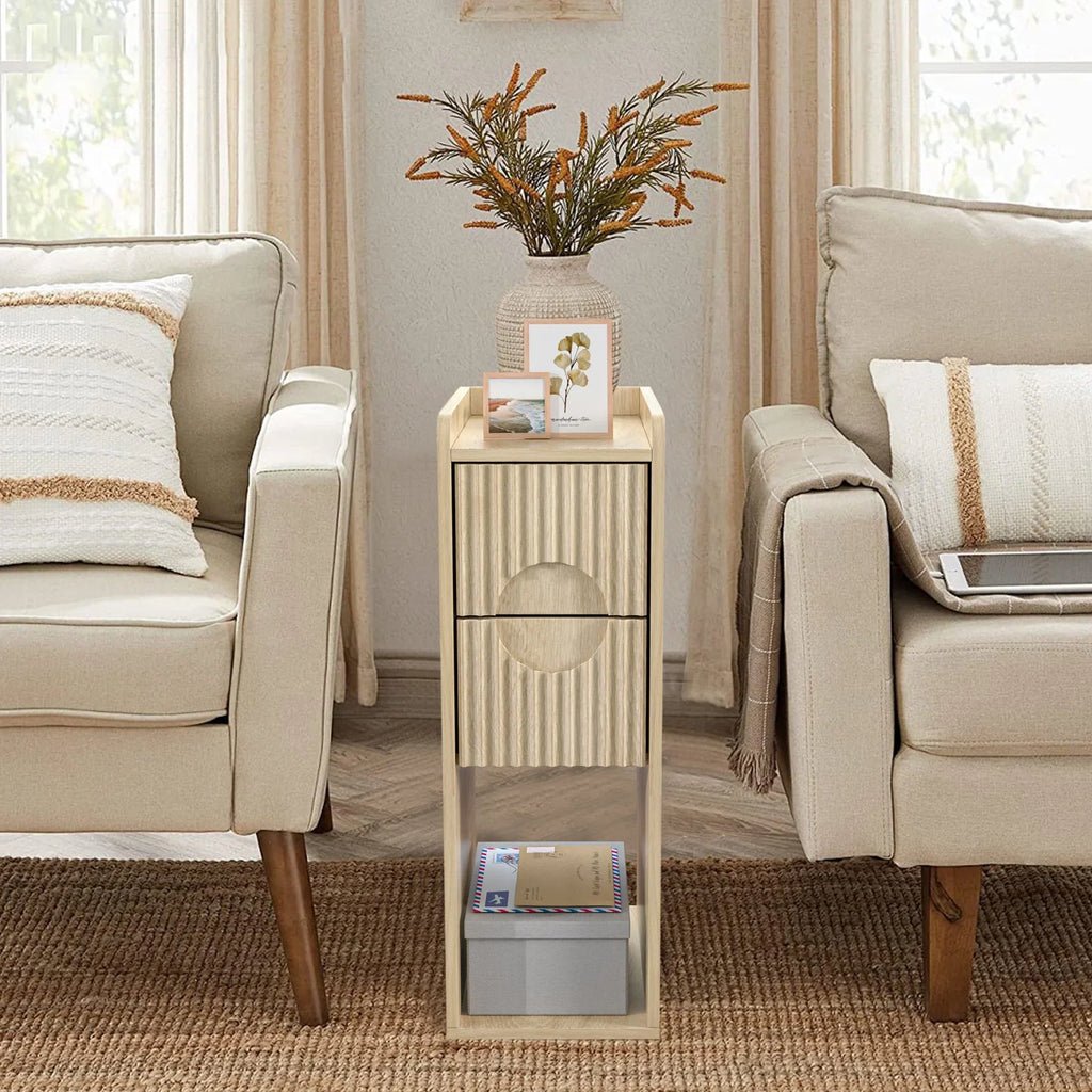 2026 NewNarrow Nightstand Set of 2 with Drawers, Fluted Slim Side End Table with Storage for Small Spaces