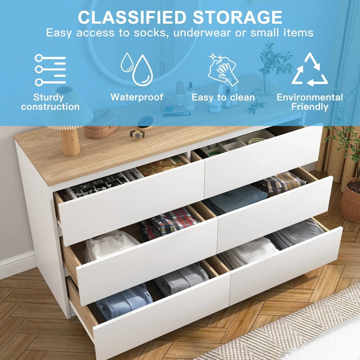 2026 NewResenkos Modern Mid Century 6 Drawer Wide Dressers Chests for Bedroom, Chest of Drawer Organizer Grey