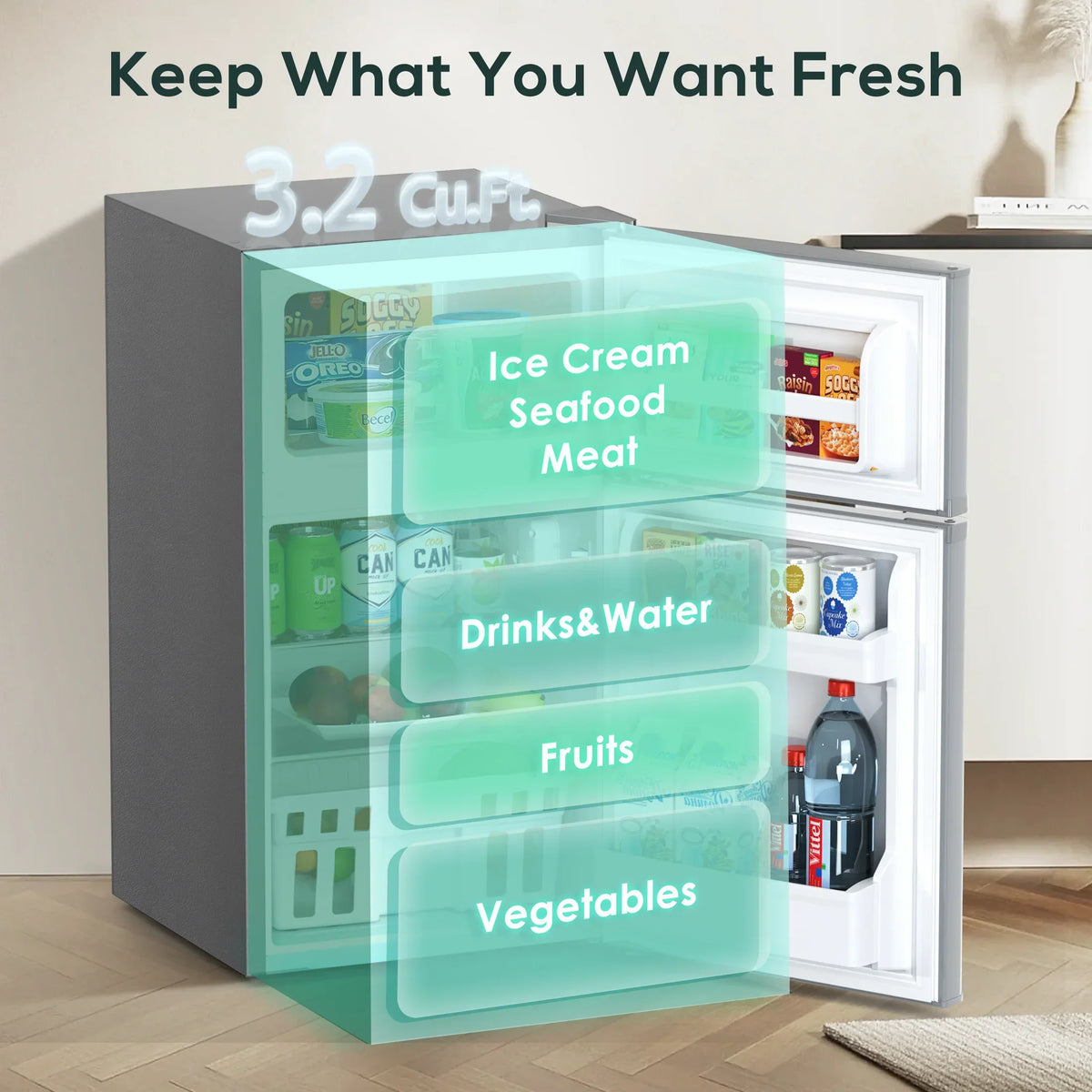 2026 NewAuseo 3.1 Cu.Ft Double Door Mini Fridge with Freezer, Compact Retro Refrigerator for Dorm, Office, Bar, Bedroom, Black