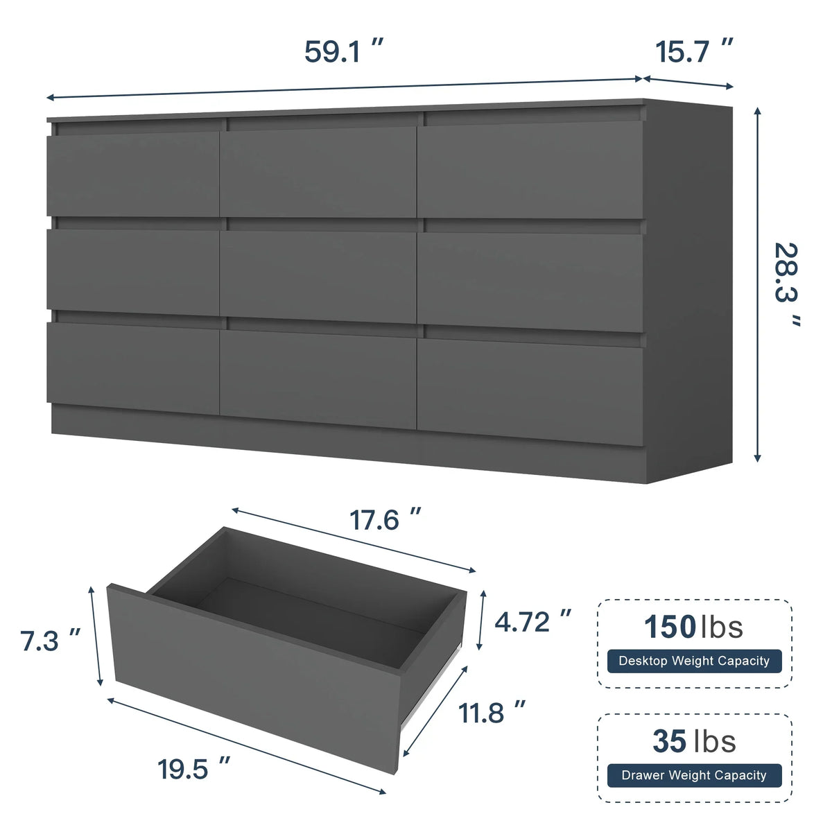 2026 NewResenkos Modern Mid Century 6 Drawer Wide Dressers Chests for Bedroom, Chest of Drawer Organizer Grey