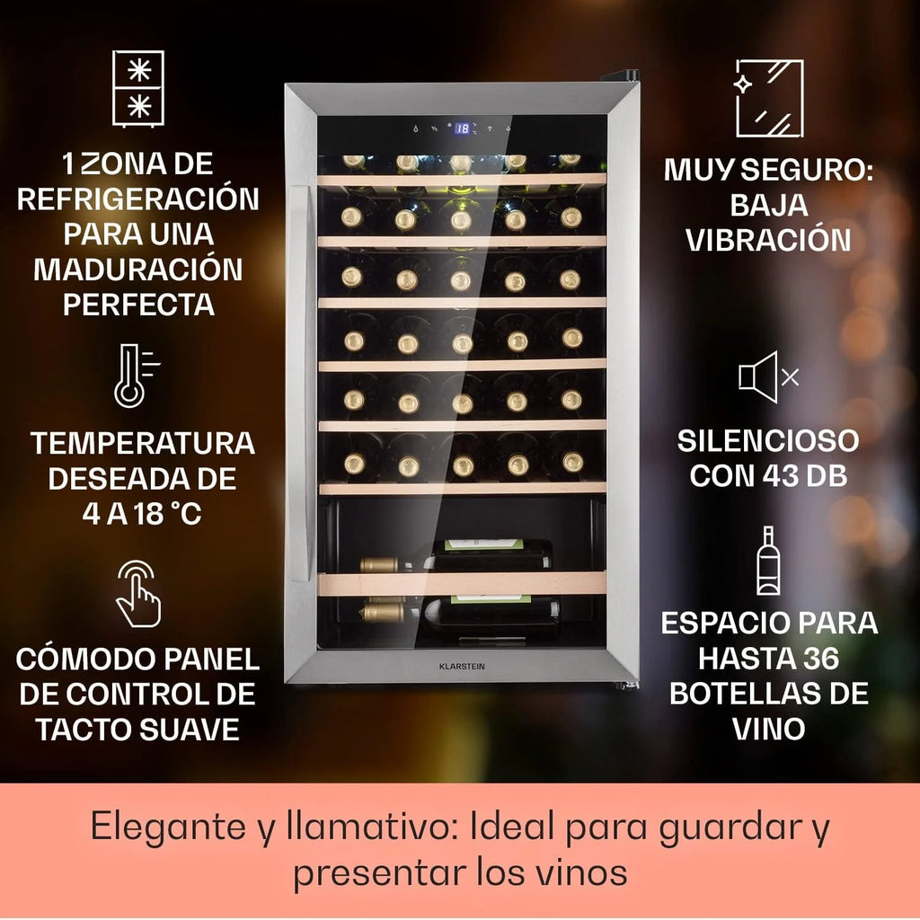 2026 Klarstein Vinoteca 36 Botellas, Nevera Vinos, Una Zona de Refrigeración, Nevera Expositora Vino y Cerveza, Vinoteca Interior y Exterior con Puerta de Cristal, Nevera Vino con Protección UV, 4-18°C