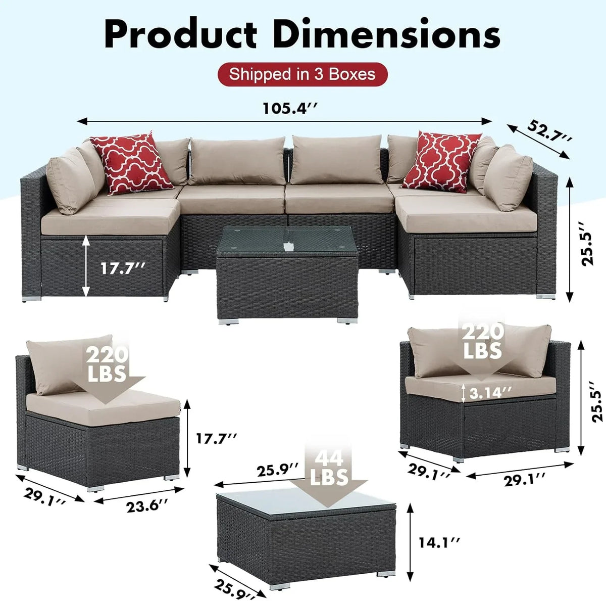 2026 New7 Piece Patio Furniture Sets Outdoor Sectional PE Rattan Outdoor Furniture Patio Conversation Set with Cushions and Glass Coffee Table, for Balcony Lawn and Garden, Gray