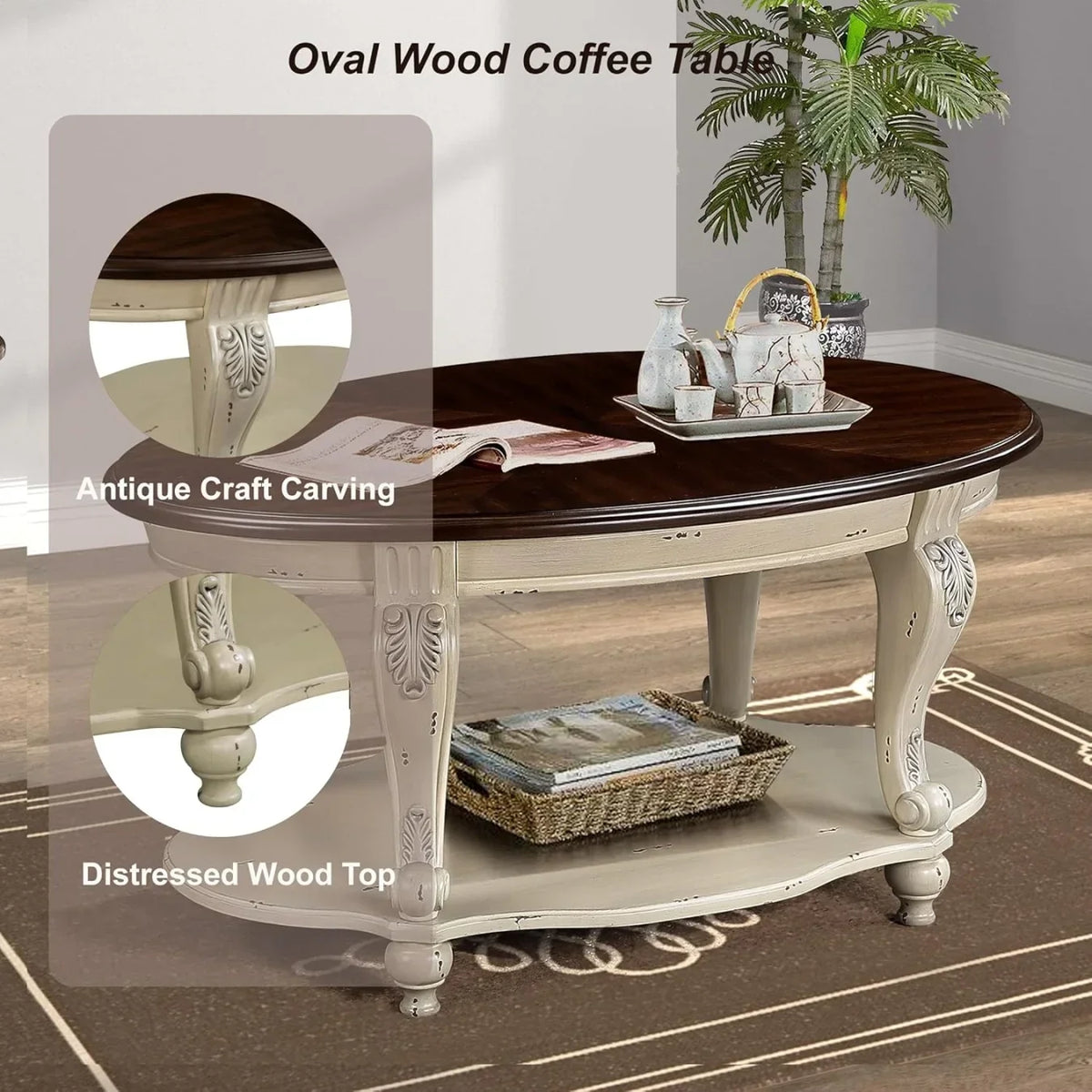 2026 New42" Oval Coffee Table with Storage Shelf, 2-Tier Solid Wood Cocktail Tea Table, Traditional Retro Center Table for Living Room, Bearing 400LBS, Cherry