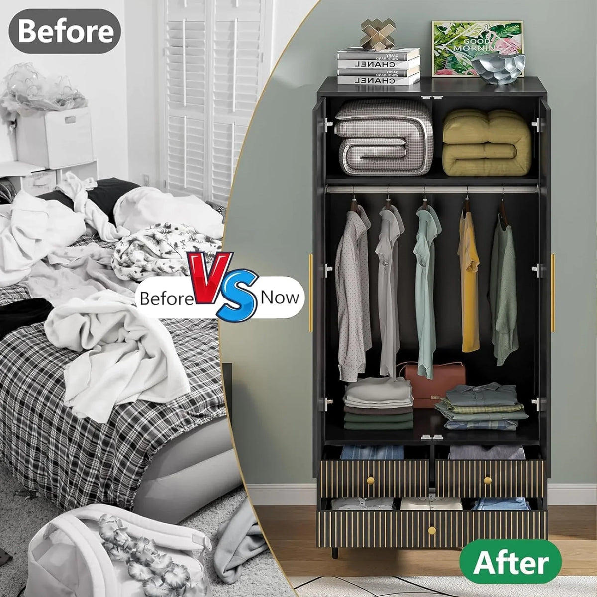 2026 NewArmoire Wardrobe Closet with 2 Doors, Wardrobe Cabinet with Hanging Rod and Drawers, Wooden Closet for Bedroom, White