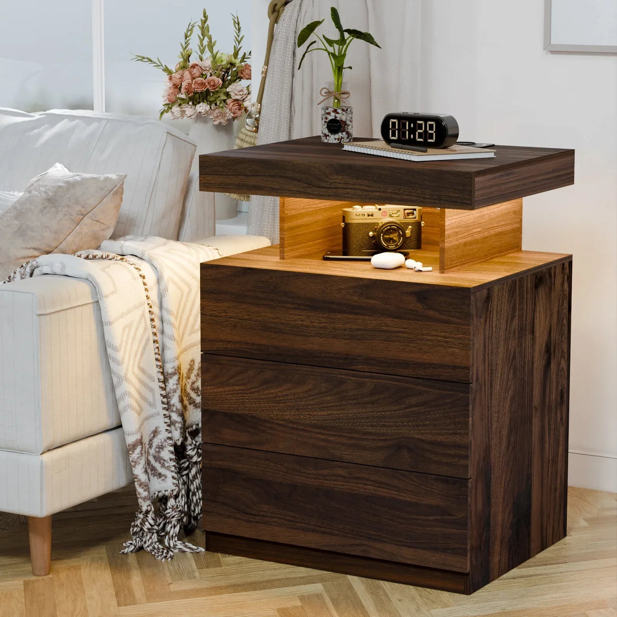 2026 NewHommpa LED Nightstand Wireless Charging Station USB Type C Outlets Bedside Table 3 Drawers Black Night Table Modern Smart Nightstand High Gloss End Side Table for Bedroom Furniture 26.8" Tall