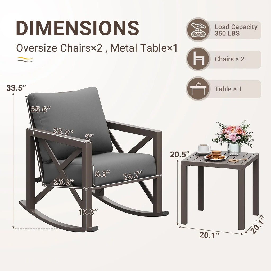 2026 NewMRUAKA Rocking Chair Bistro Set,3 Piece Outdoor Patio Furniture Set with 2 Rockers and 1 Metal Coffee Table with Thick Cushions for Porch,Backyard,Poolside,Beige