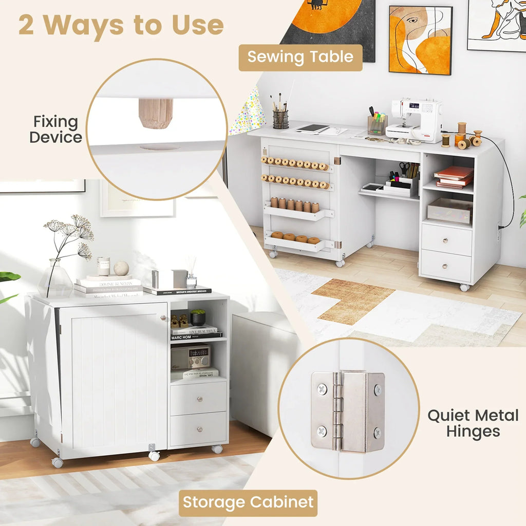 2026 NewCostway Folding Sewing Table Charging Station Multifunctional Sewing Machine Cart Table