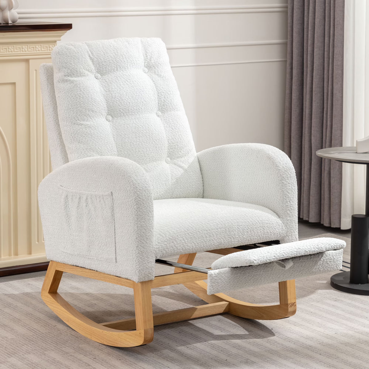 2026 NewModern Accent Rocking Chair with Pull-out Footrest,Nursery Glider Chair with Solid Wood Legs & Side Pocket,Upholstered Lounge Chair with High Backrest,White