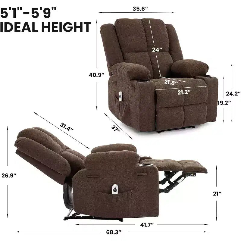 2026 Sillón reclinable manual con masaje por vibración y calefacción lumbar, bolsillo lateral y portavasos