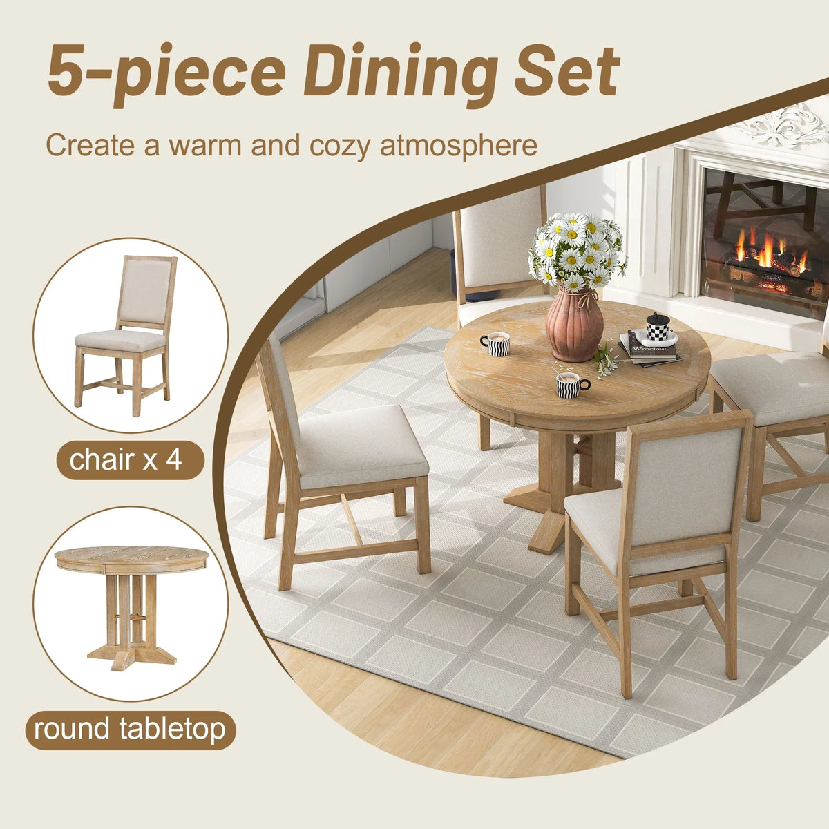 2026 New5 Piece Round Dining Table Set, Dining Room Set with Extendable Table and 4 Upholstered Chairs, Wood Dining Table Set for 4, Farmhouse Dining Table Set for Kitchen Dining Room Dorm Apartment, Brown