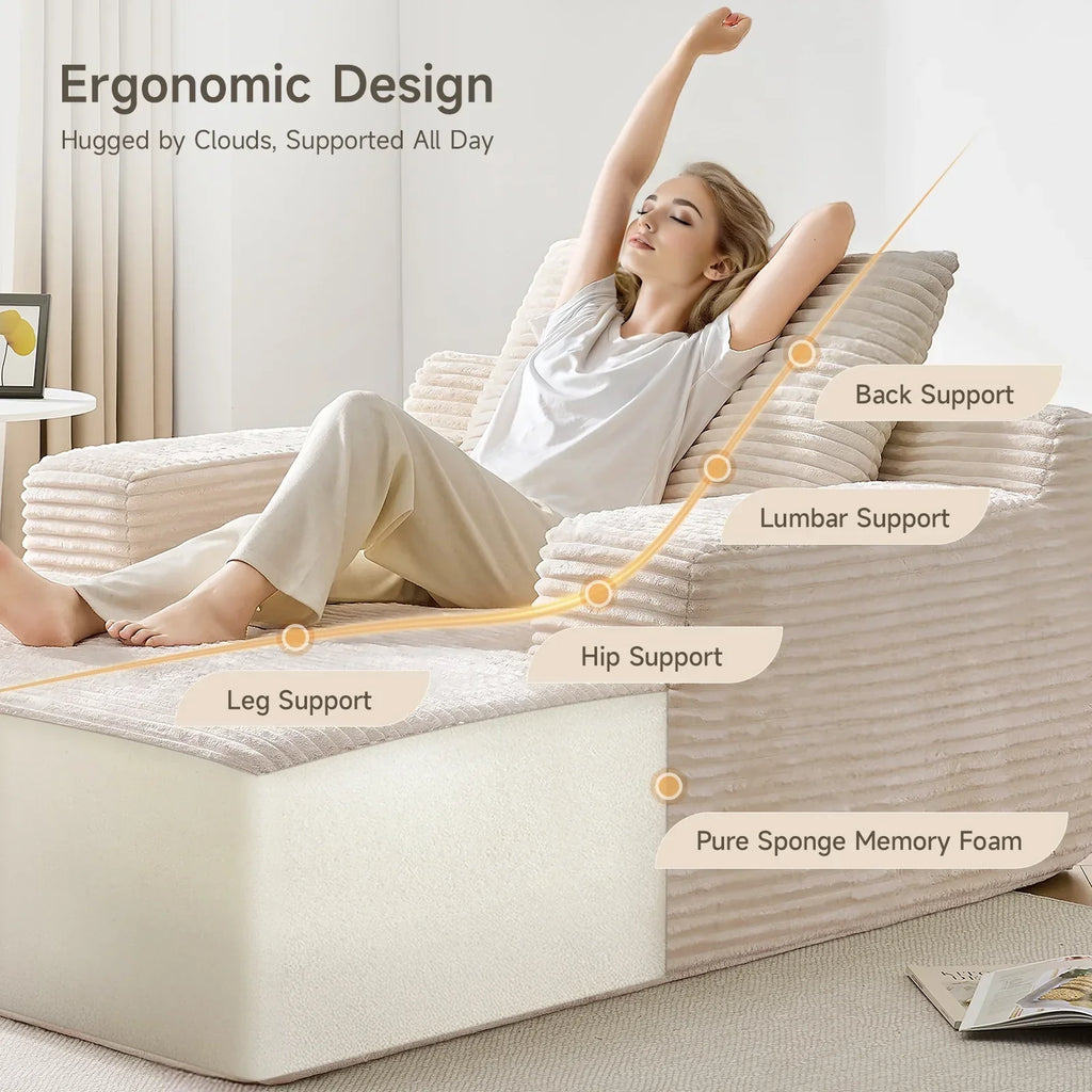 2026 New65" Corduroy Cloud Sleeper Chaise Lounge Chair, No Assembly Sofa Bed with Pillows, Beige