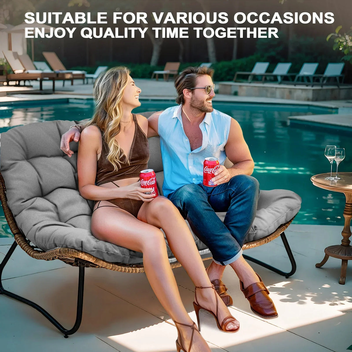 2026 NewCrestlive Products Patio Loveseat, All-Weather Rattan Large Furniture with Soft Cushions, Outdoor Loveseat for Balcony, Poolside, Backyard (Beige)