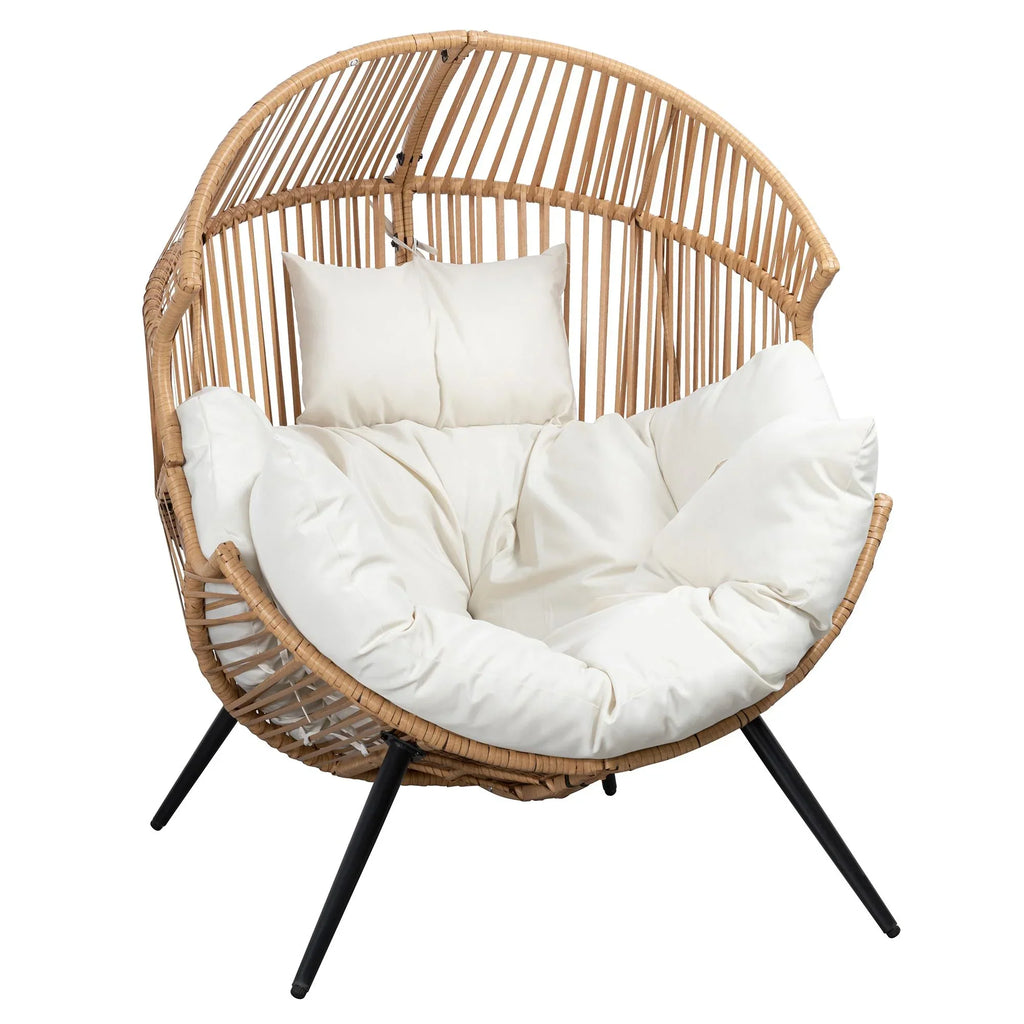 2026 NewWalsunny Egg Chairs Outdoor Patio Wicker Oversized Egg Shell Lounger Lawn Chair with Cushion for Indoor Outside Porch Balcony Backyard, Original Wood Color Rattan Beige Cushion