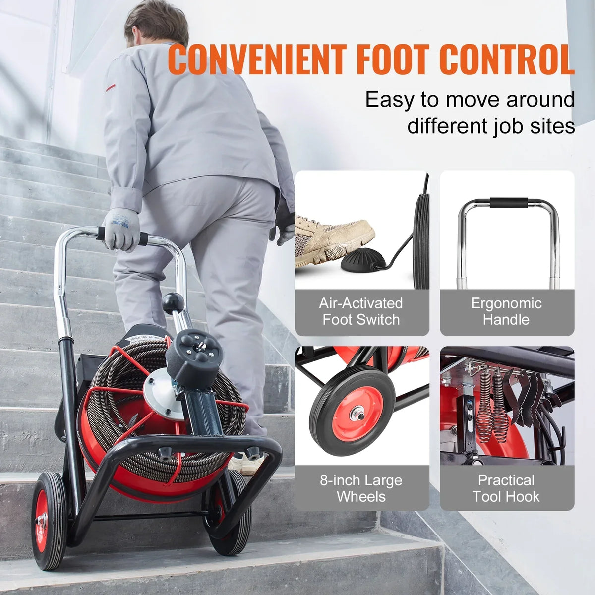 2026 NewVEVOR Drain Cleaner Machine 100FT x 3/8 Inch, Auto Feed Sewer Snake Auger on Wheels, 370W Portable Drain Cleaning Machine with 8 Cutters & Air-activated Foot Switch for 2" to 4" Pipes