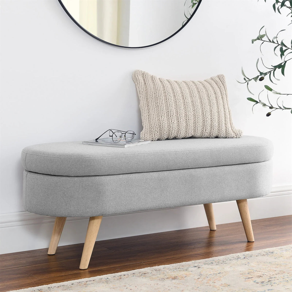 2026 New43.5" Oval Storage Ottoman Bench with Solid Wood Legs, Linen Fabric Upholstered Entryway Bench with Safety Hinge, Indoor Bench for End of Bed, Sofa Side, Entryway