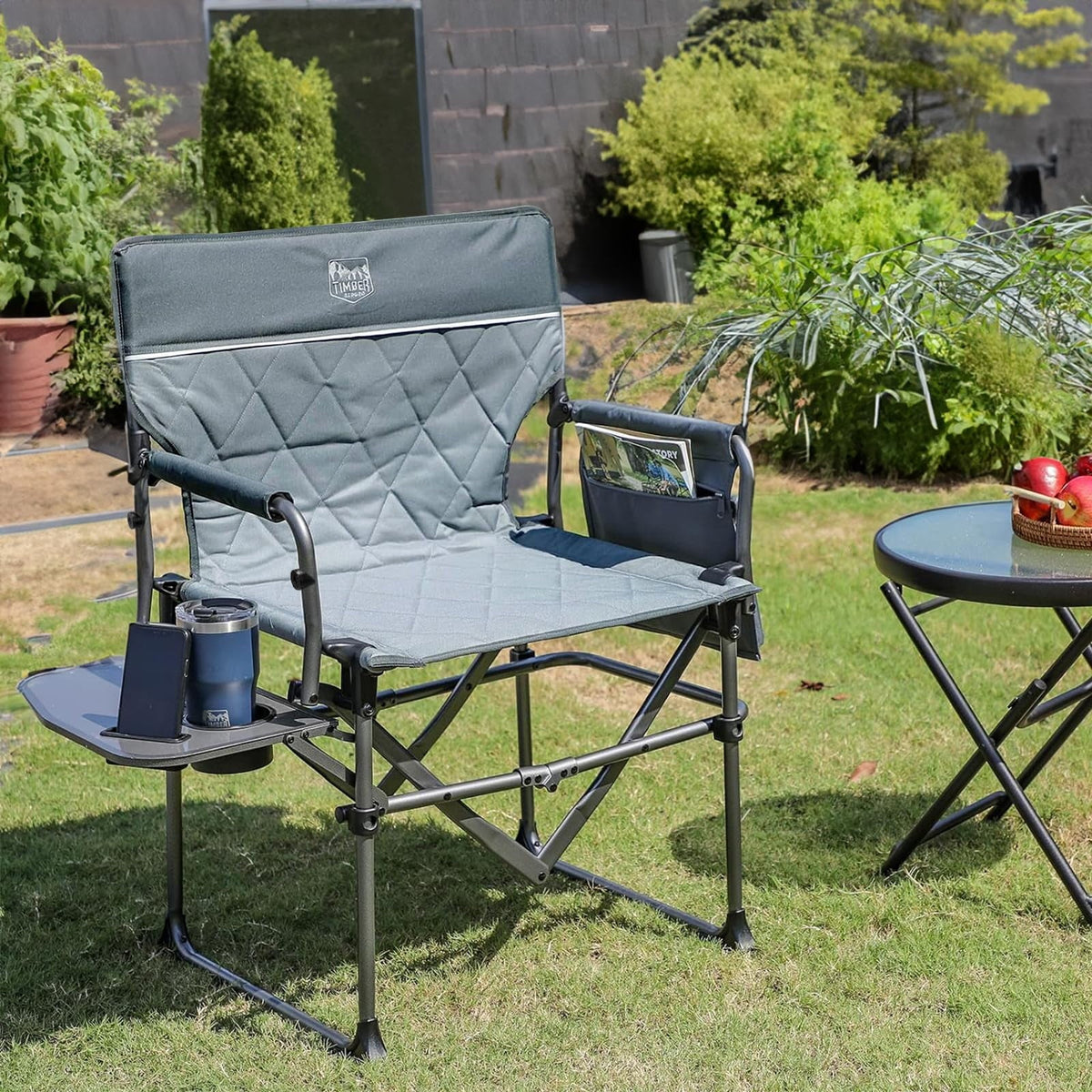 2026 NewTIMBER RIDGE Portable Director Chair, Heavy Duty Camping Folding Chair with Compact Size with Side Pocket and Side Table, Support 400 lbs, Grey