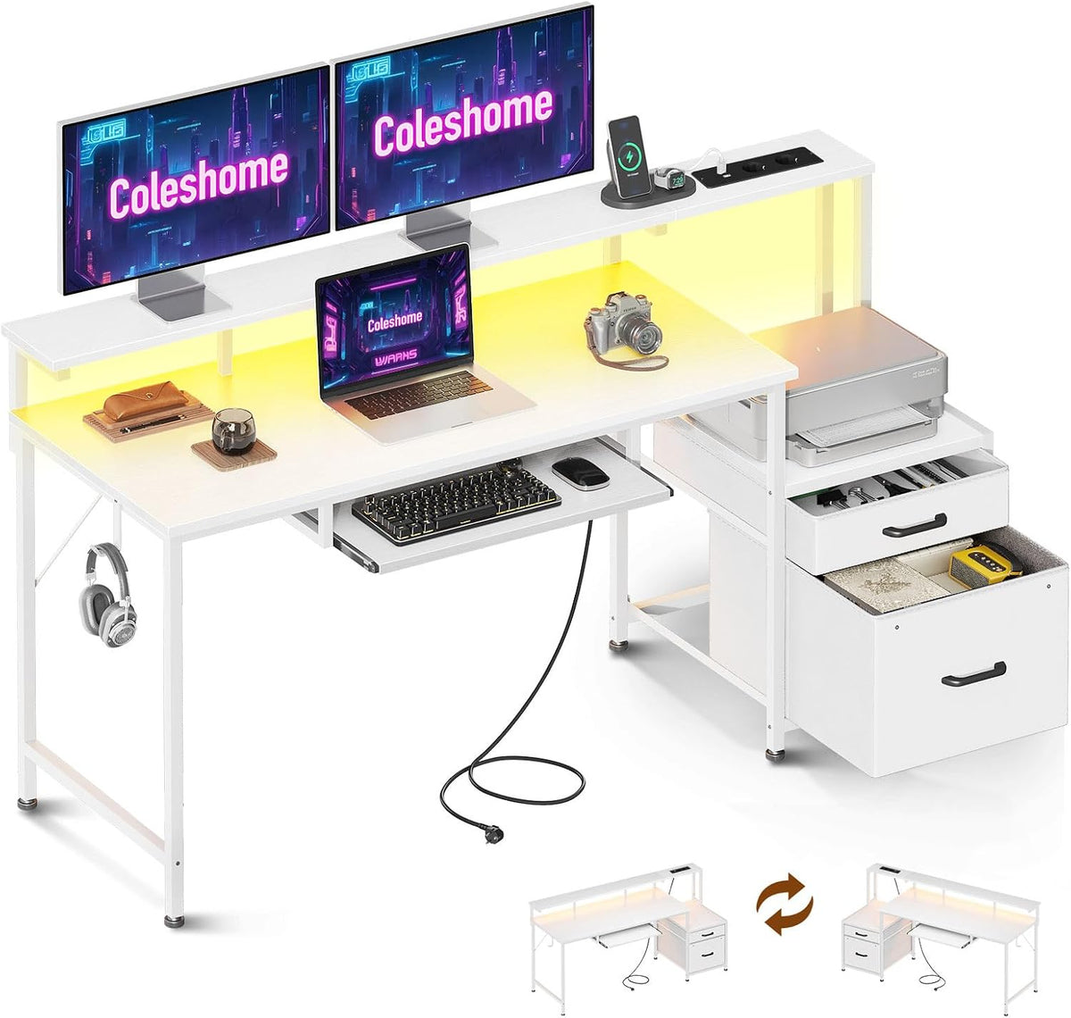 2026 Coleshome Escritorio Gaming con Cajones de Tela y LED, 140x48cm, Negro