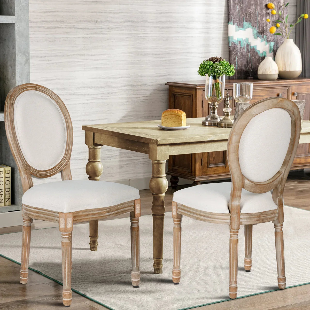 2026 NewFrench Dining Chairs Set of 2 Beige Natural Fabric Round Back with Solid Wood Legs and Frame for Bedroom Dining Room Kitchen