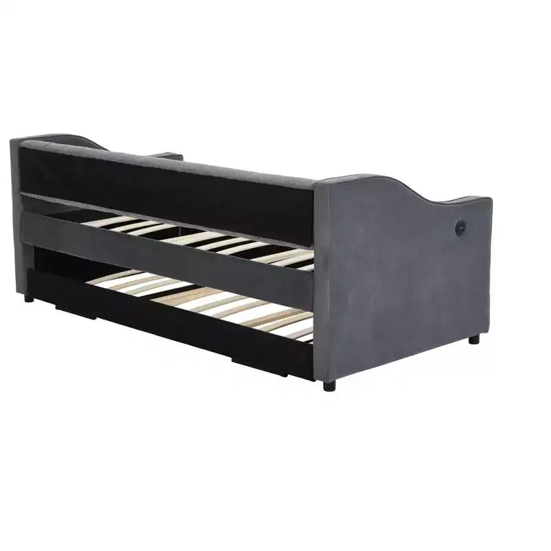 2026 Cama sofá Twin con cama nido, tapizada en terciopelo, puerto USB y bolsillos laterales - ModernLuxe