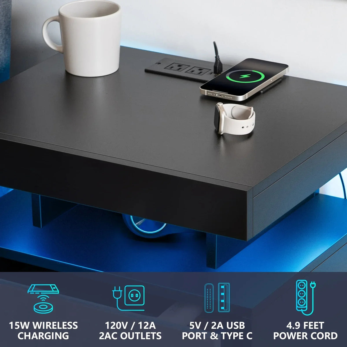 2026 NewHommpa LED Nightstand Wireless Charging Station USB Type C Outlets Bedside Table 3 Drawers Black Night Table Modern Smart Nightstand High Gloss End Side Table for Bedroom Furniture 26.8" Tall