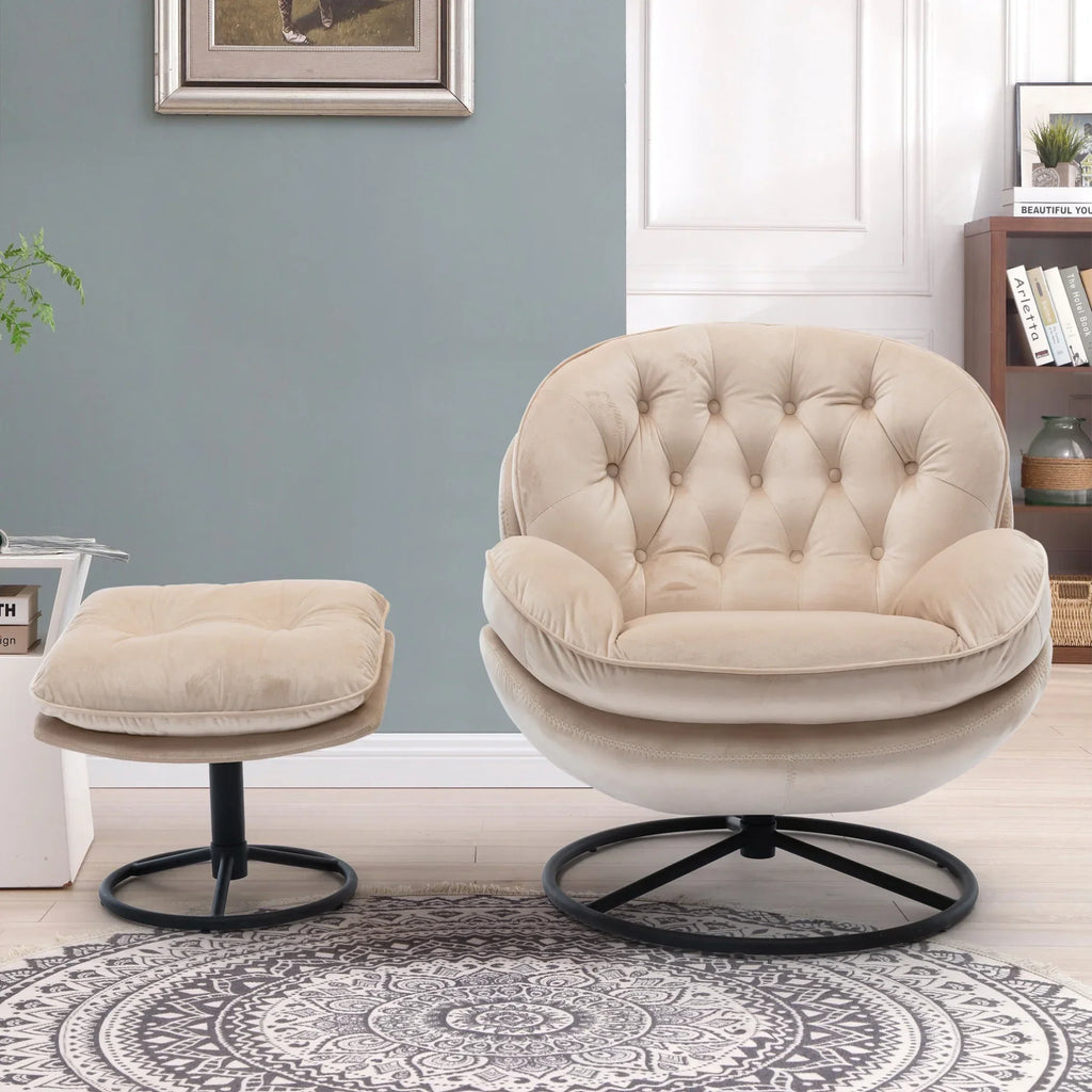 2026 NewVelvet Swivel Accent Chair with Ottoman, Modern Chaise Lounge Chair with Metal Frame and Footstool, Comfy Armchair Reading Chair for Living Room Bedroom Office,Blue