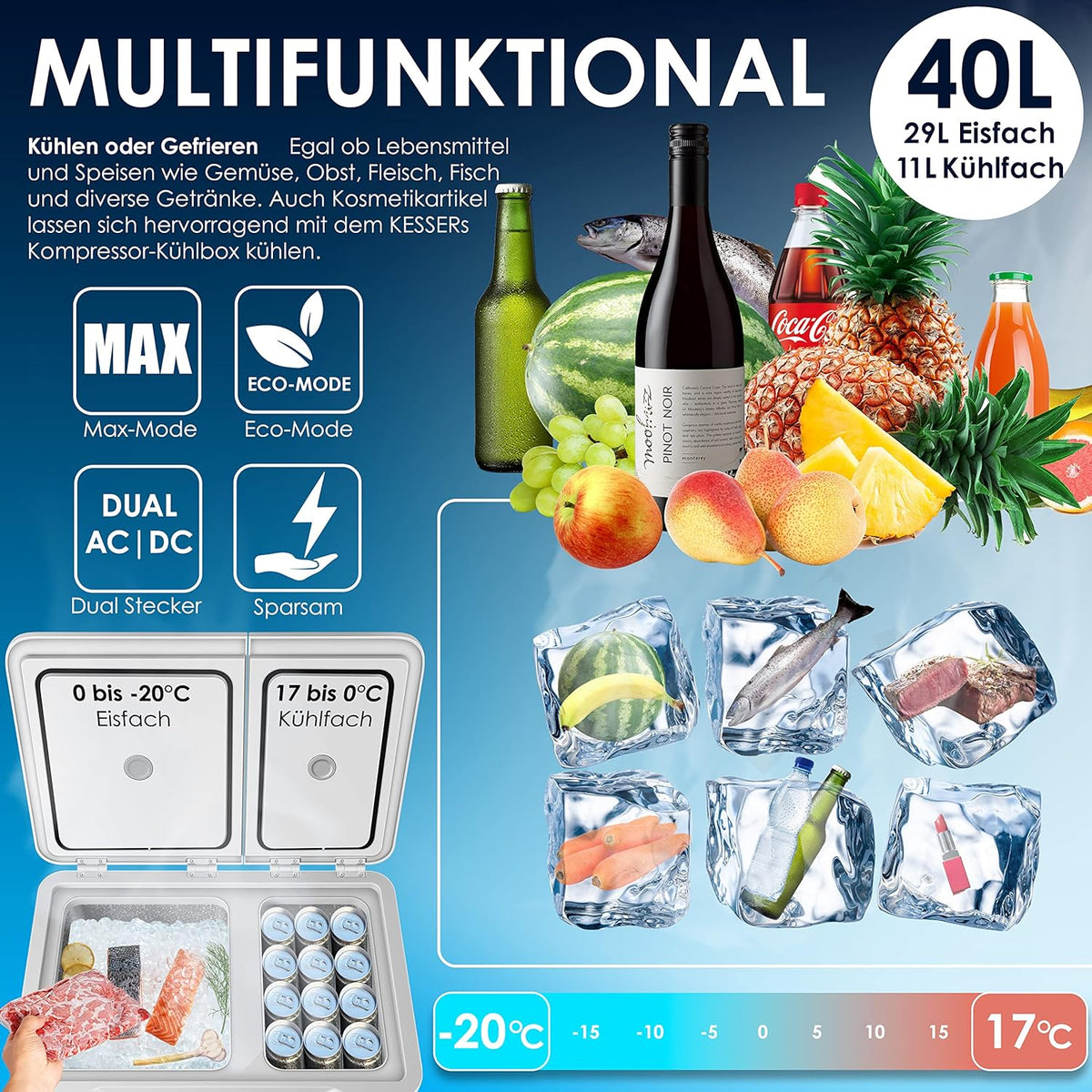 2026 Nevera portátil con compresor KESSER 2 en 1, doble zona de refrigeración y congelación, con 2 acumuladores de frío y control táctil LED | Refrigerador con capacidad de enfriamiento hasta -20 °C para camping, coche y camión, 12/24 V 230 V