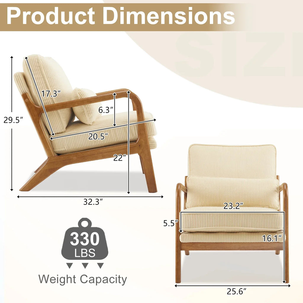 2026 NewKtaxon Accent Chair Corduroy Upholstered Armchair, Reading Club Chair with Pillow and Solid Wood Frame for Living Room Bedroom Furniture Off White
