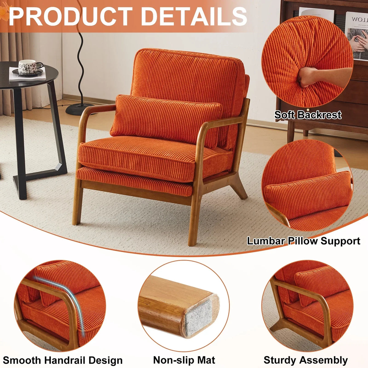 2026 NewKtaxon Accent Chair Corduroy Upholstered Armchair, Reading Club Chair with Pillow and Solid Wood Frame for Living Room Bedroom Furniture Off White
