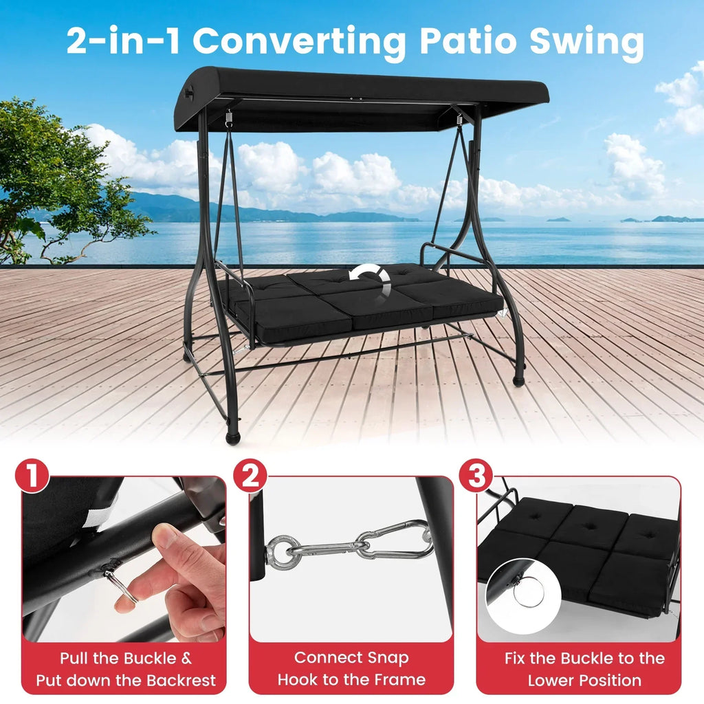 2026 NewCostway 3-Seat Outdoor Converting Patio Swing Glider Adjustable Canopy Porch Swing Black